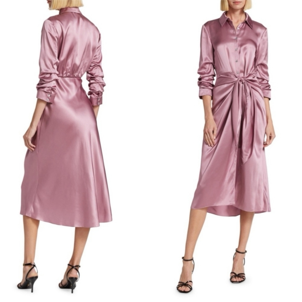 Cinq a Sept Jacey Silk Knotted Charmeuse Midi Wrap Shirt Dress Mauve NEW